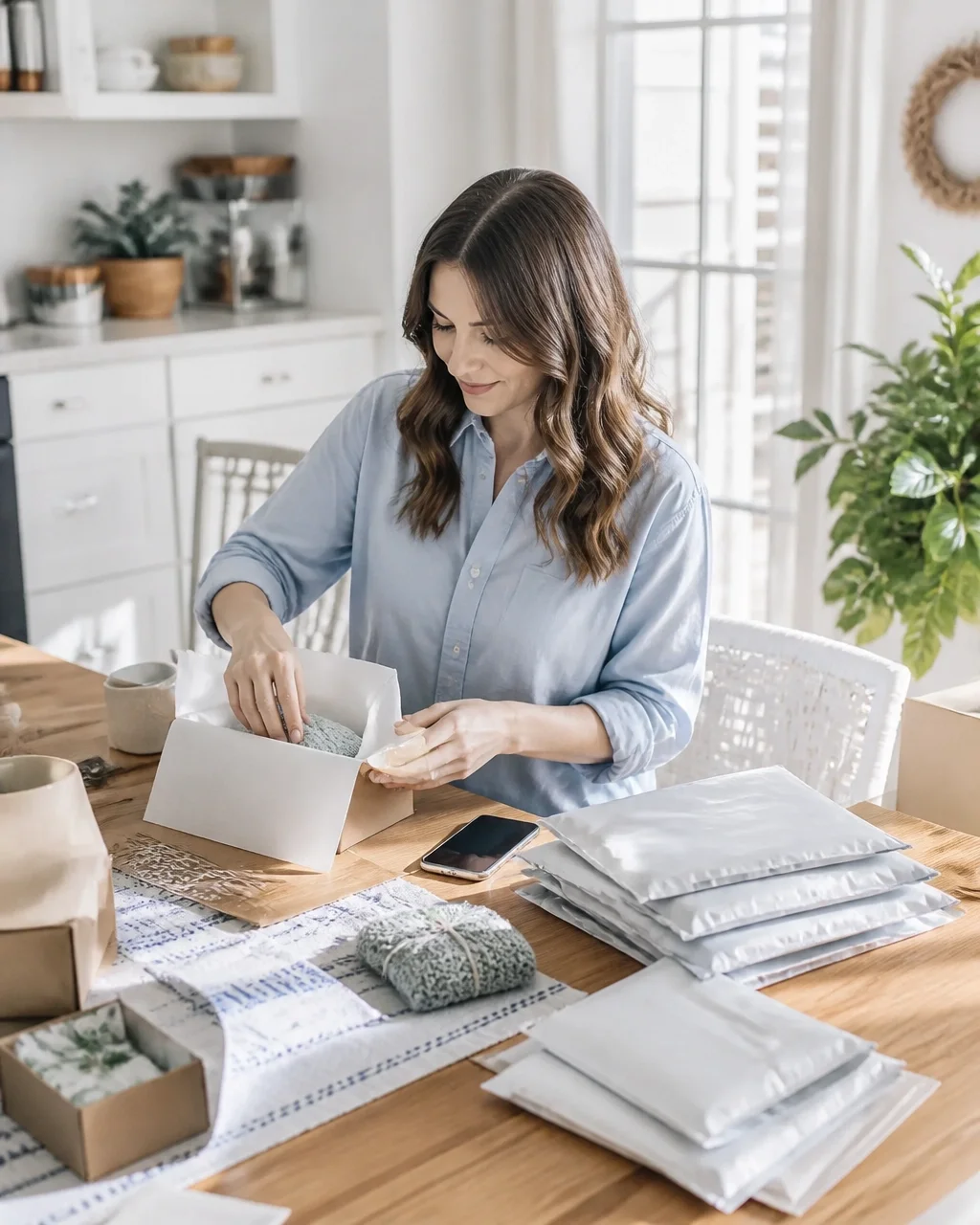 Ohio home-based business owner packing customer orders