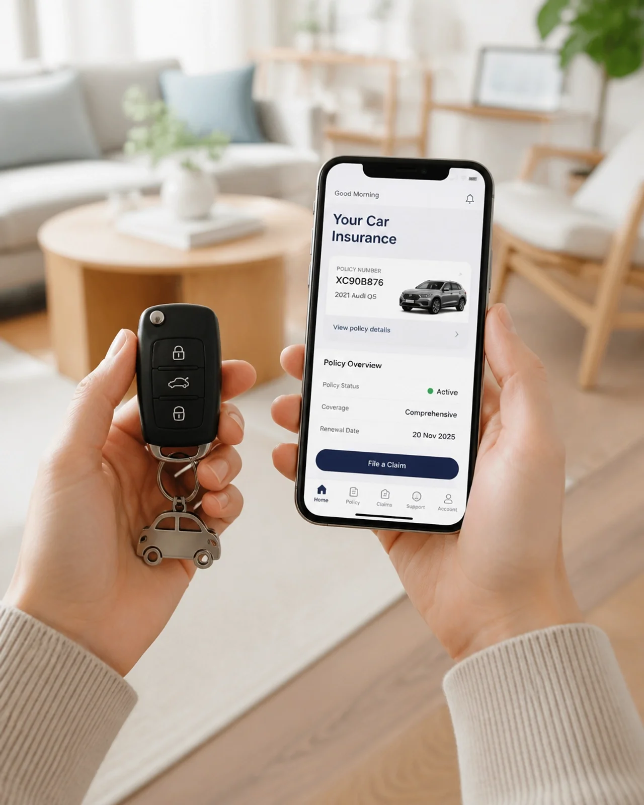 Driver comparing an online car insurance quote on a smartphone while holding vehicle keys.