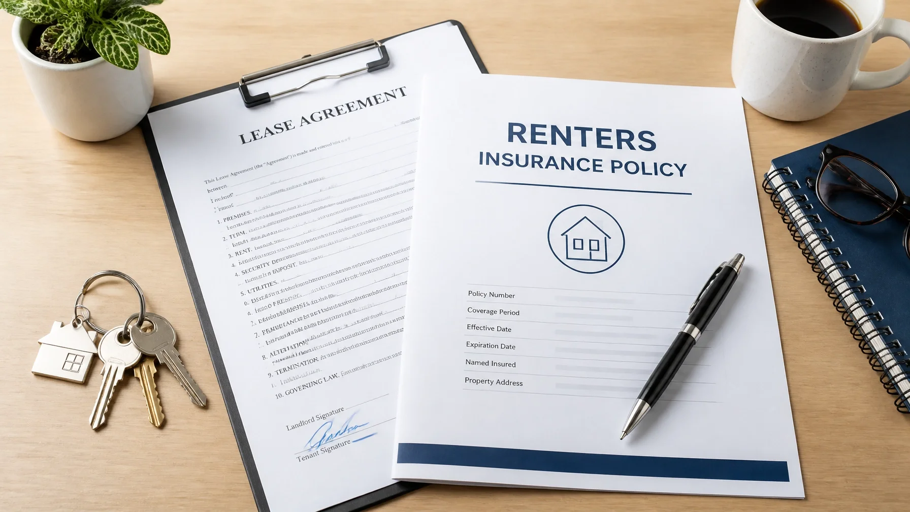 Renters insurance policy documents and apartment keys on a desk