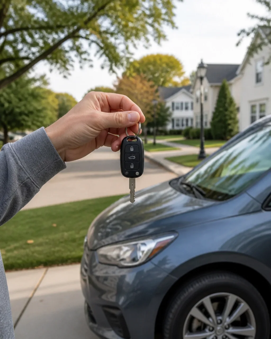 Car keys held beside a vehicle in Ohio