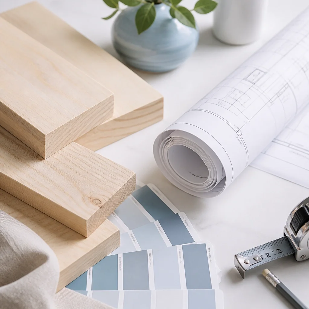 Construction materials and blueprints representing replacement cost calculations for homeowners insurance.