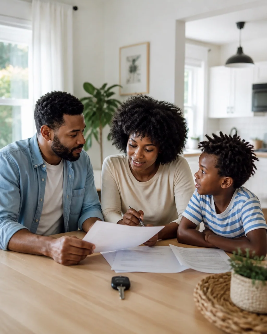 Family reviewing auto insurance documents together