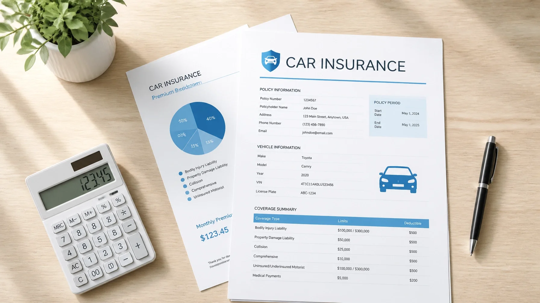 Auto insurance policy documents and coverage summary used to compare car insurance options in Ohio.