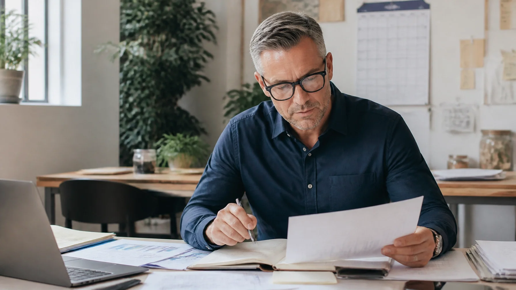 Ohio business owner reviewing financial records and insurance documents