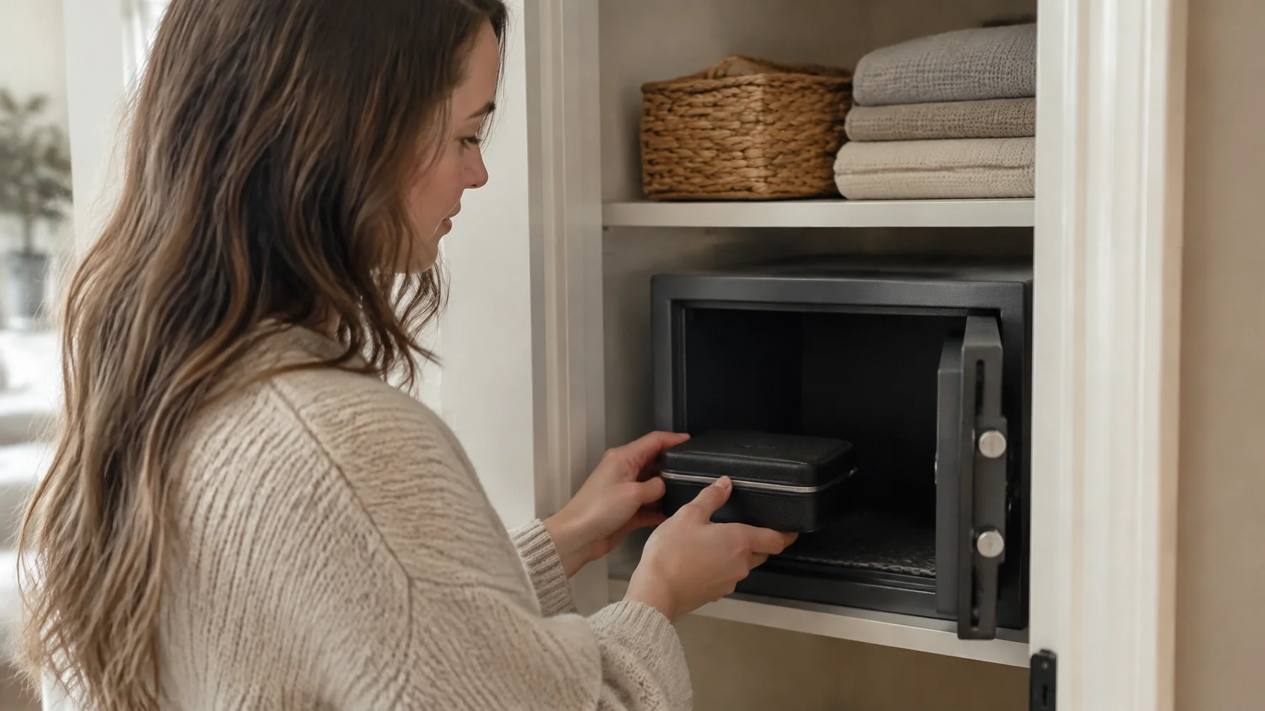 Ohio homeowner placing a small valuables case into a home safe