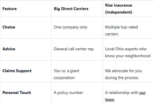 Comparison of direct carrier and independent insurance agency options