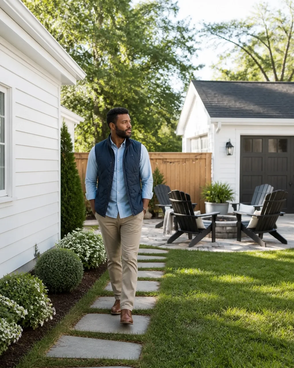 Homeowner walking through a backyard