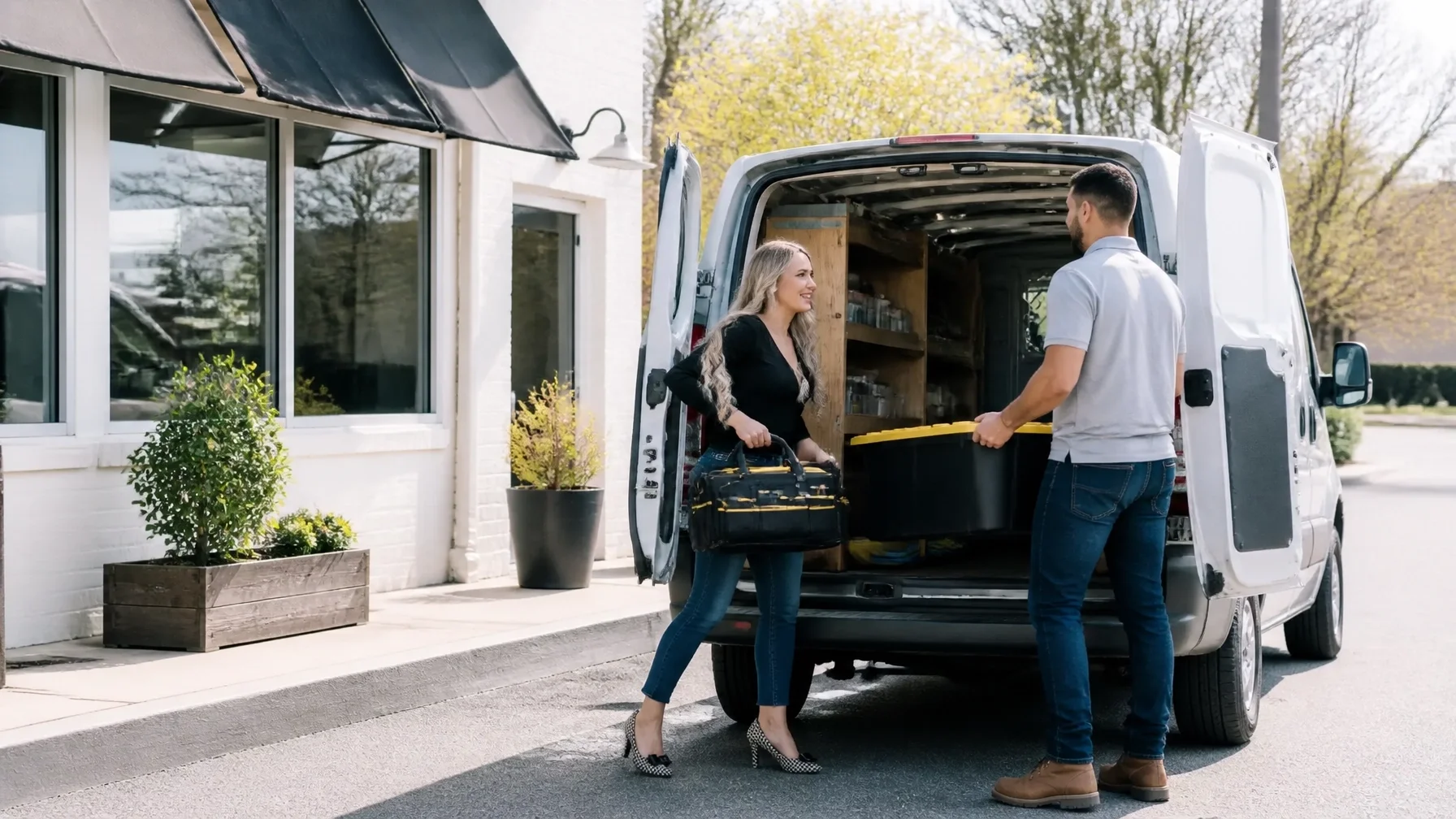 Business owners loading equipment into a commercial vehicle