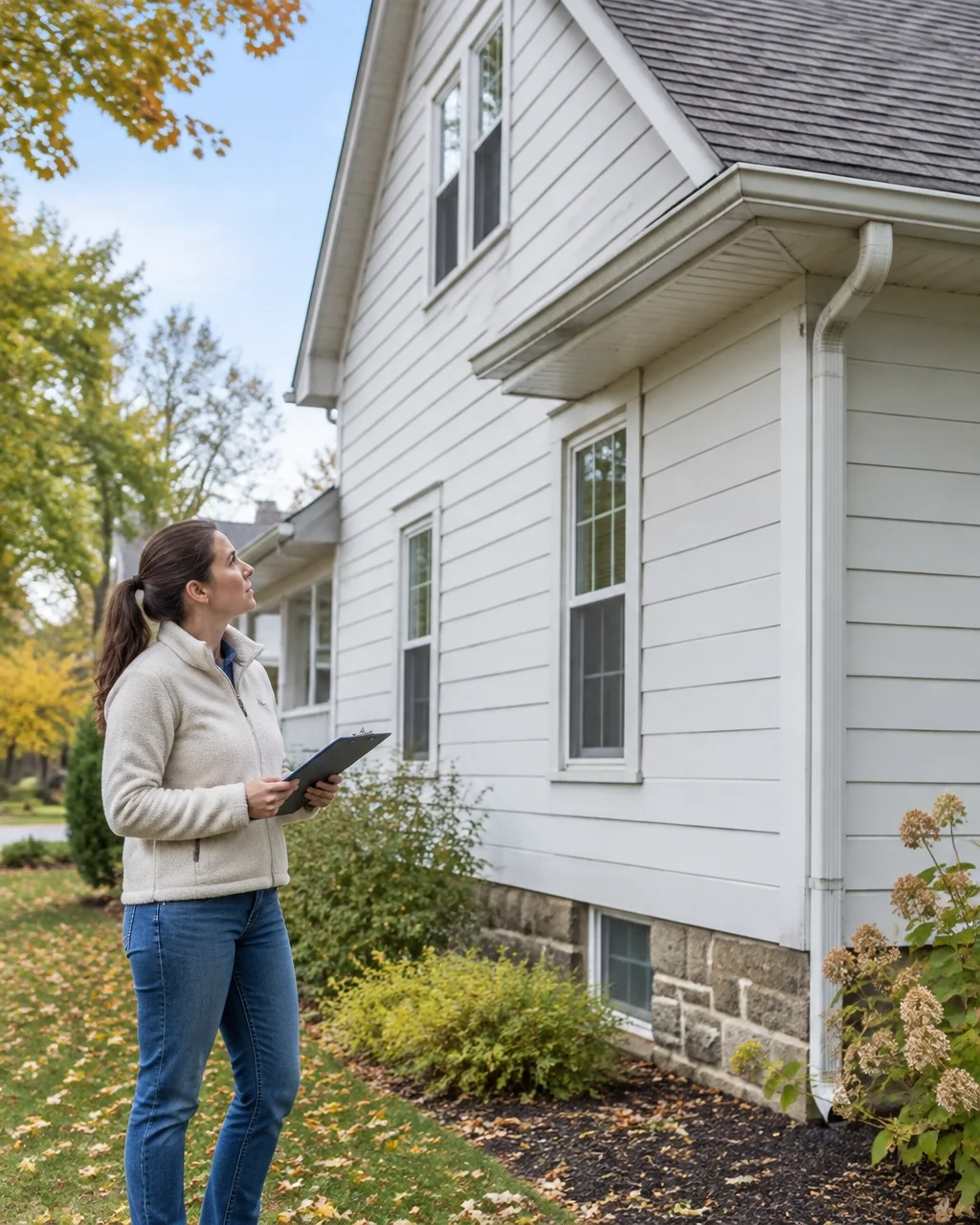 Homeowner inspecting roof edges and gutters from the ground