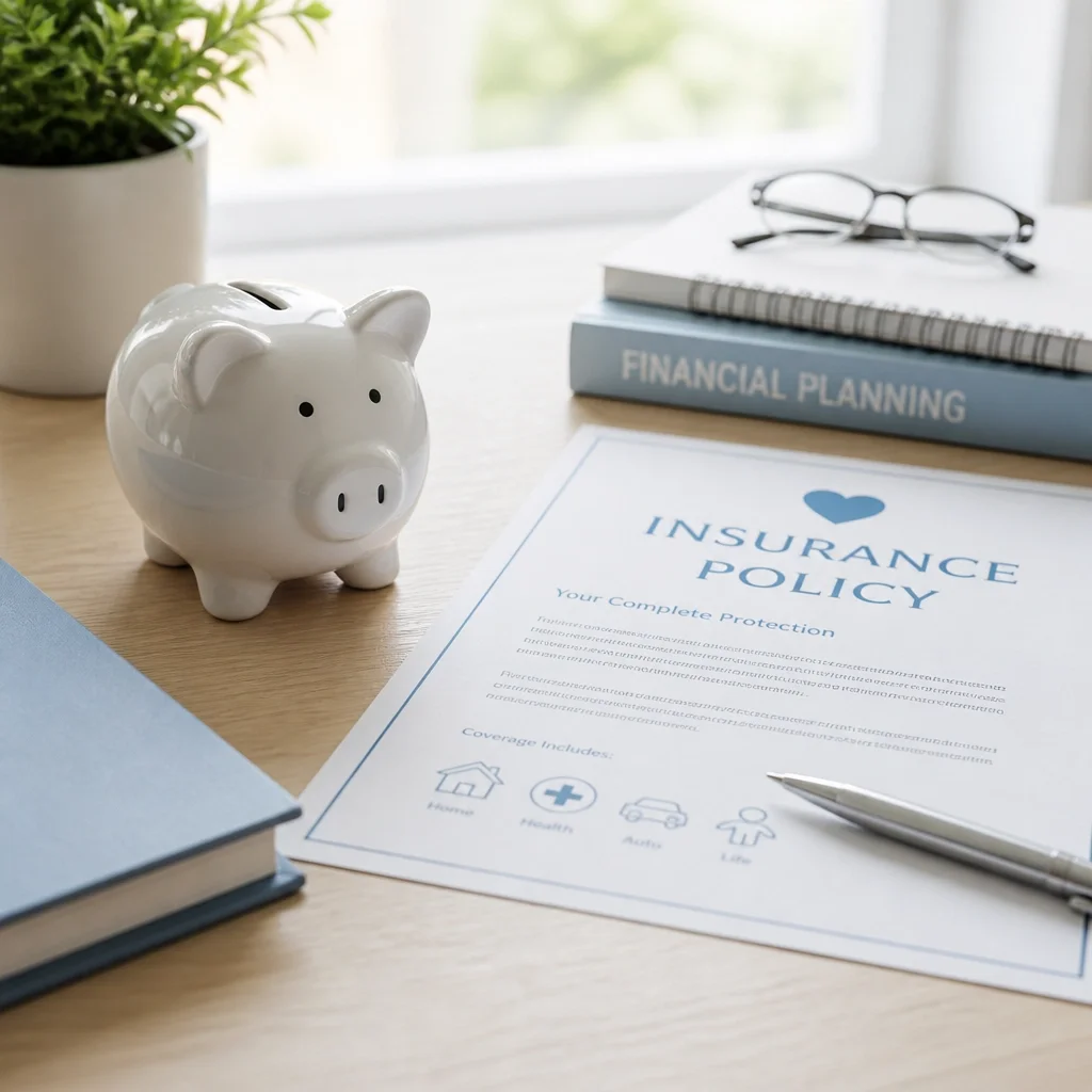 Piggy bank and insurance policy documents representing deductible planning