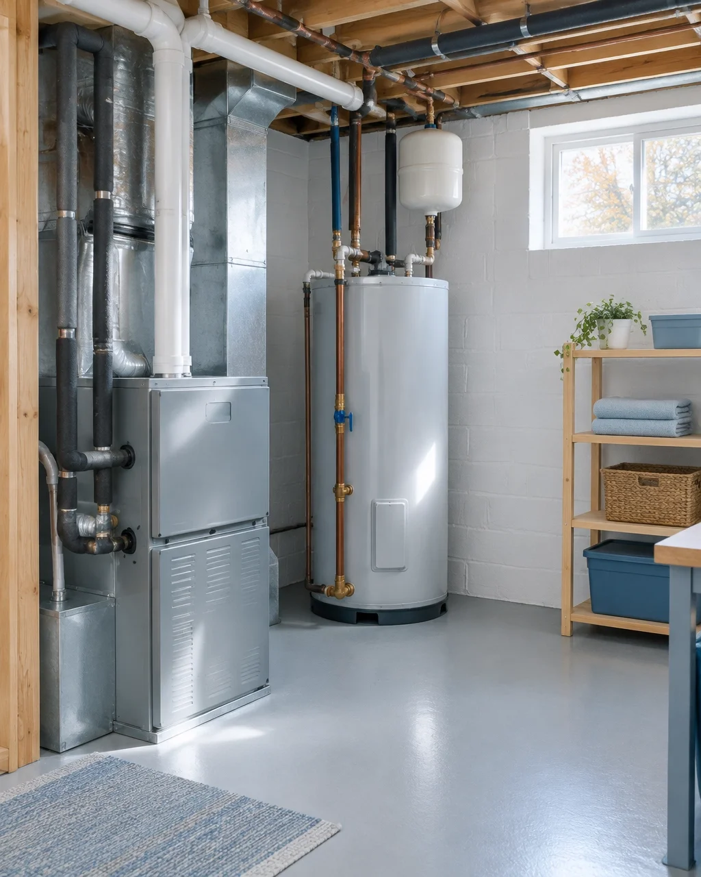 Organized Ohio basement with plumbing and heating equipment
