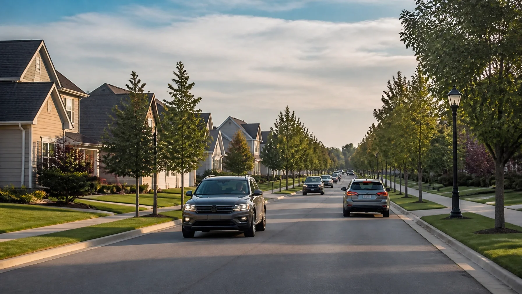 Vehicles driving through a suburban Ohio neighborhood, illustrating current driving conditions and changing auto insurance trends.
