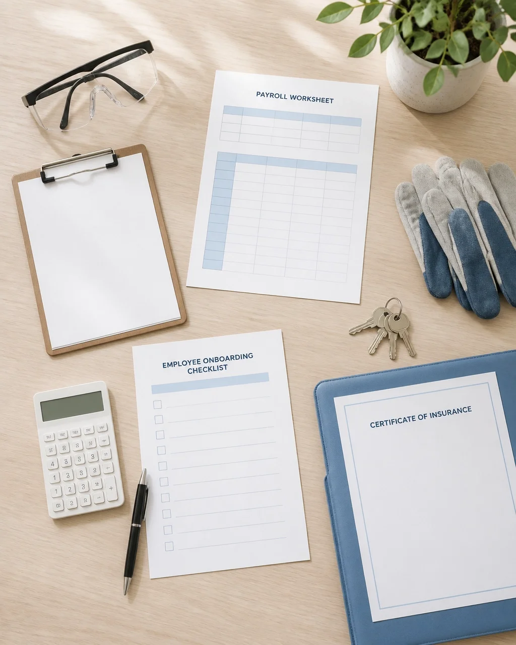 Small business insurance paperwork and calculator on a desk