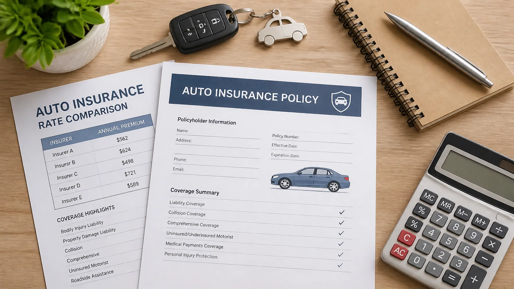 Auto insurance policy documents, calculator, notebook, and car keys arranged for reviewing coverage and comparing insurance options.