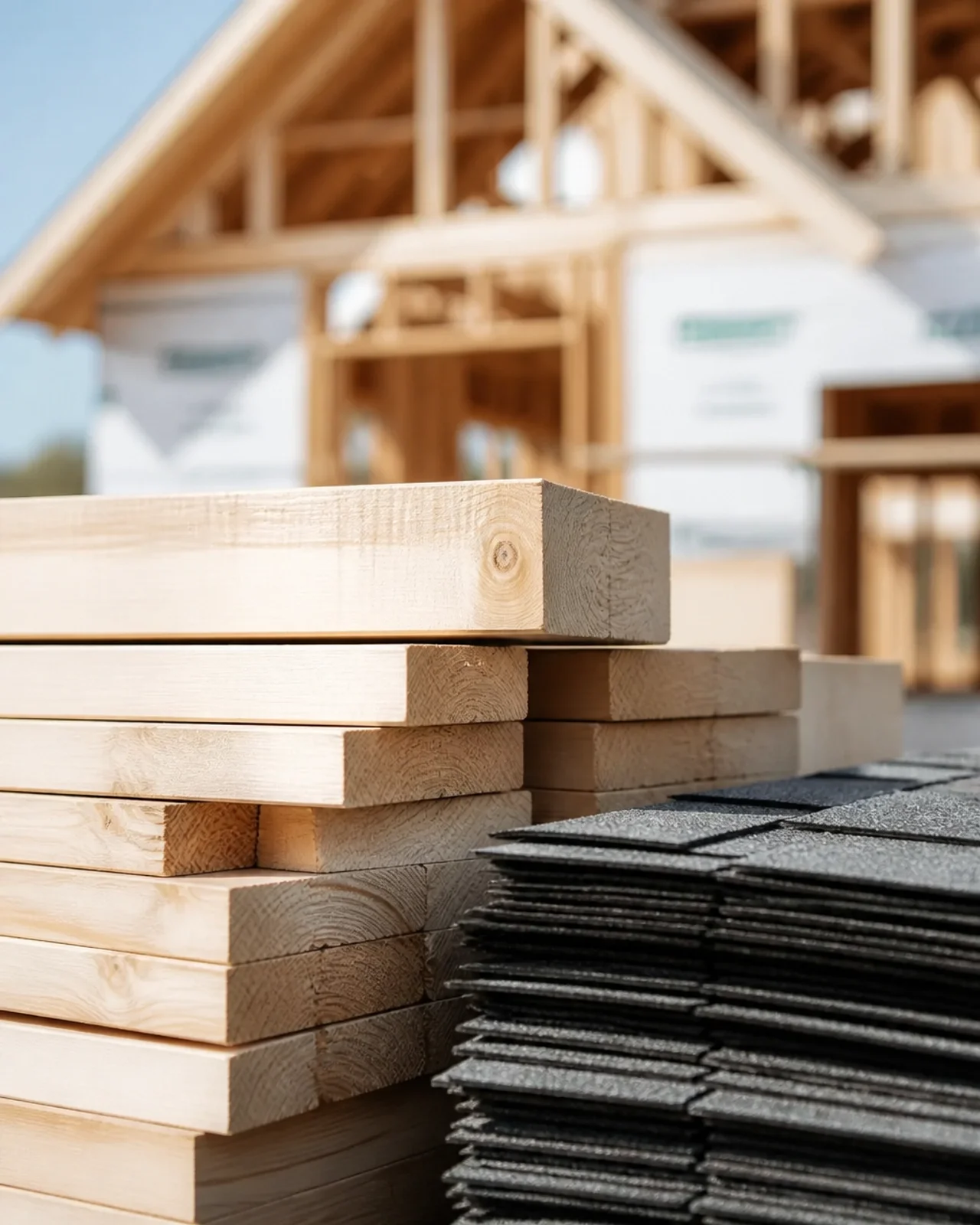 Construction materials and lumber representing rising home rebuild costs in Ohio