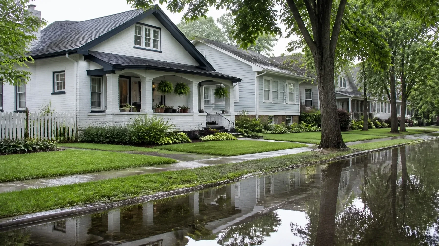 Ohio home after heavy rain with water pooling in the yard