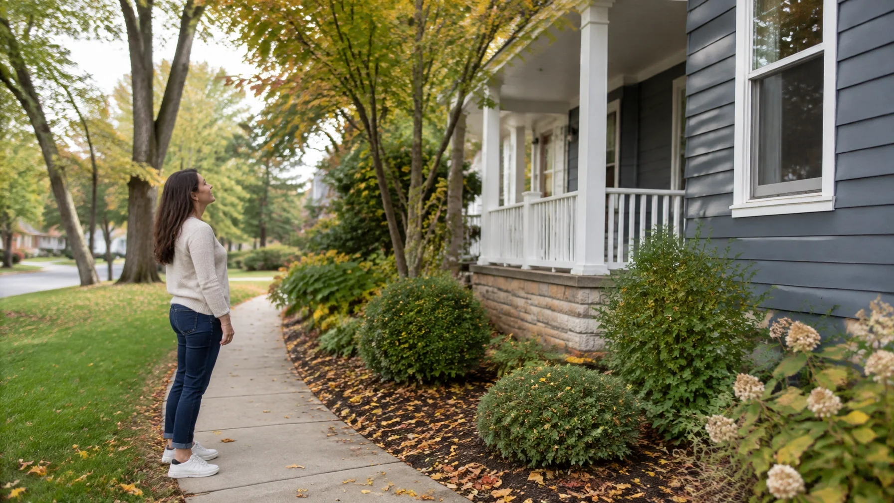 Ohio homeowner checking trees and walkways during fall