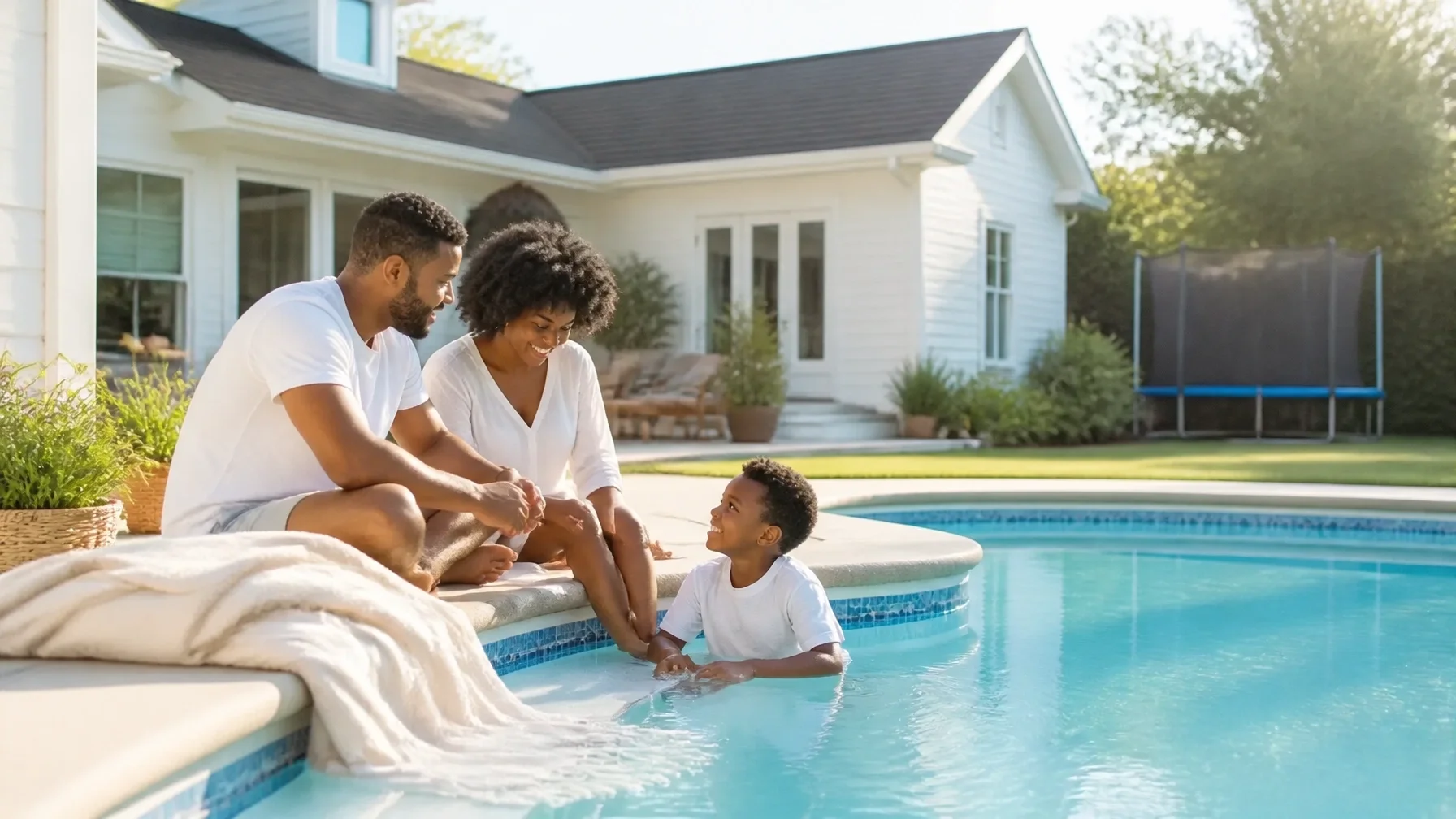 Family relaxing beside a backyard pool