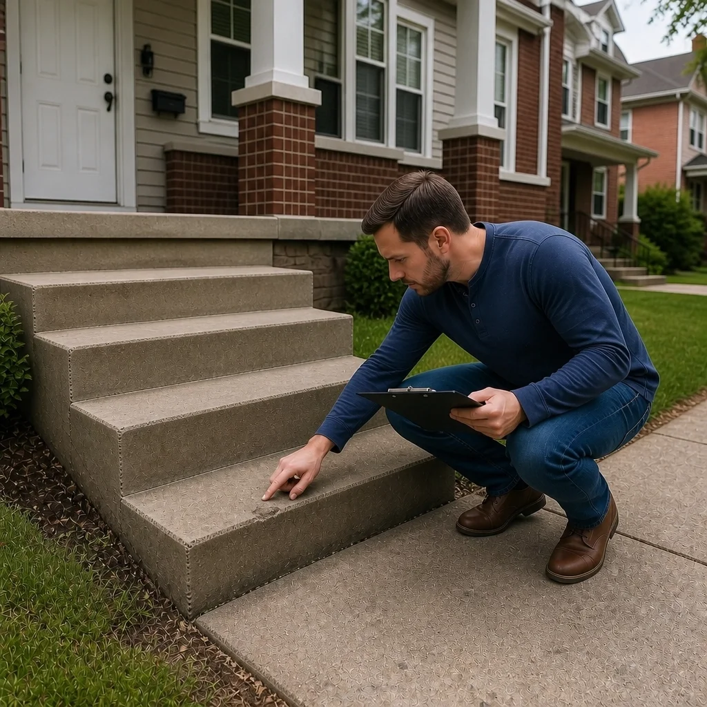 Landlord inspecting rental property steps and walkway