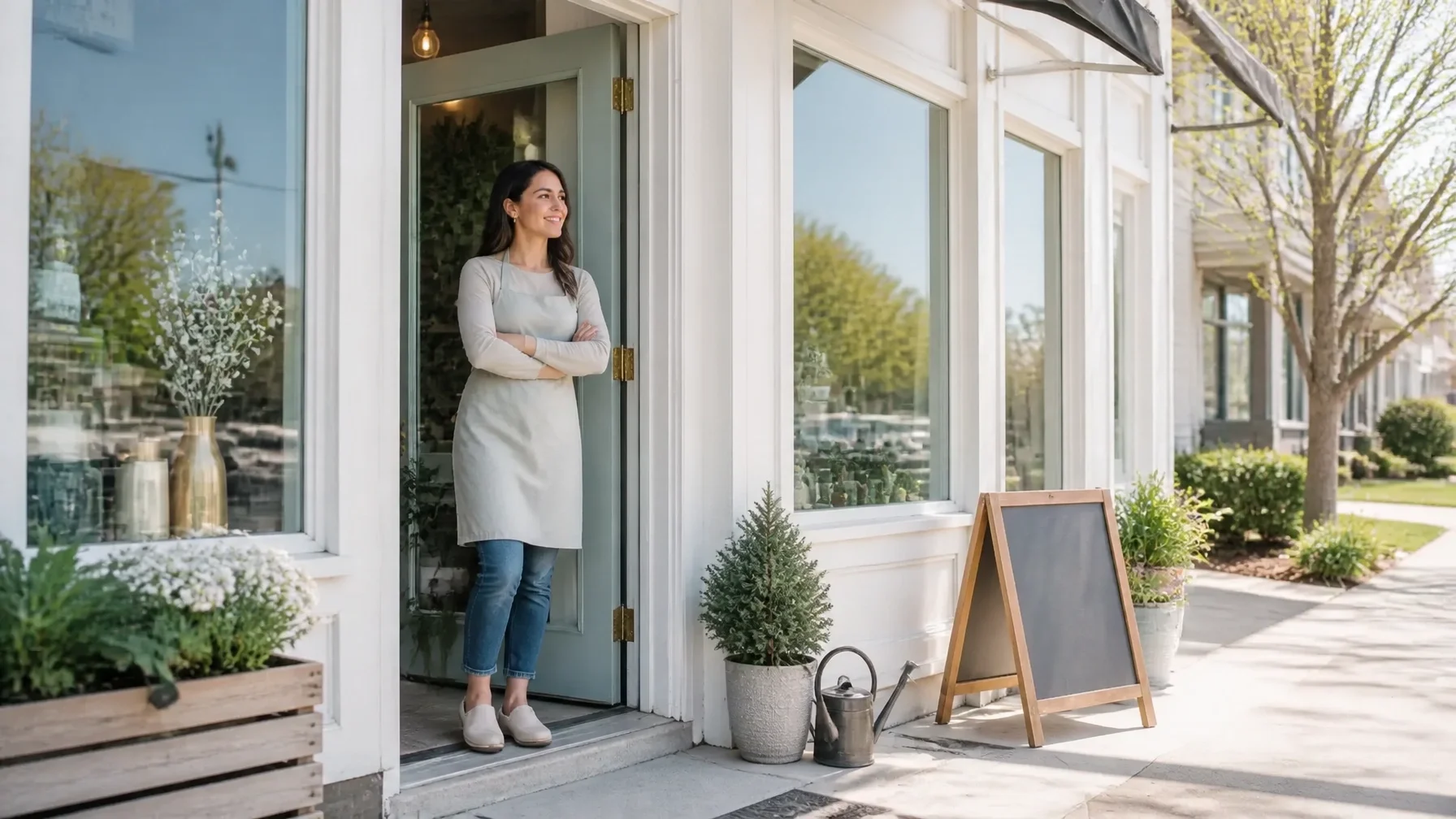 Small business owner standing outside a commercial property