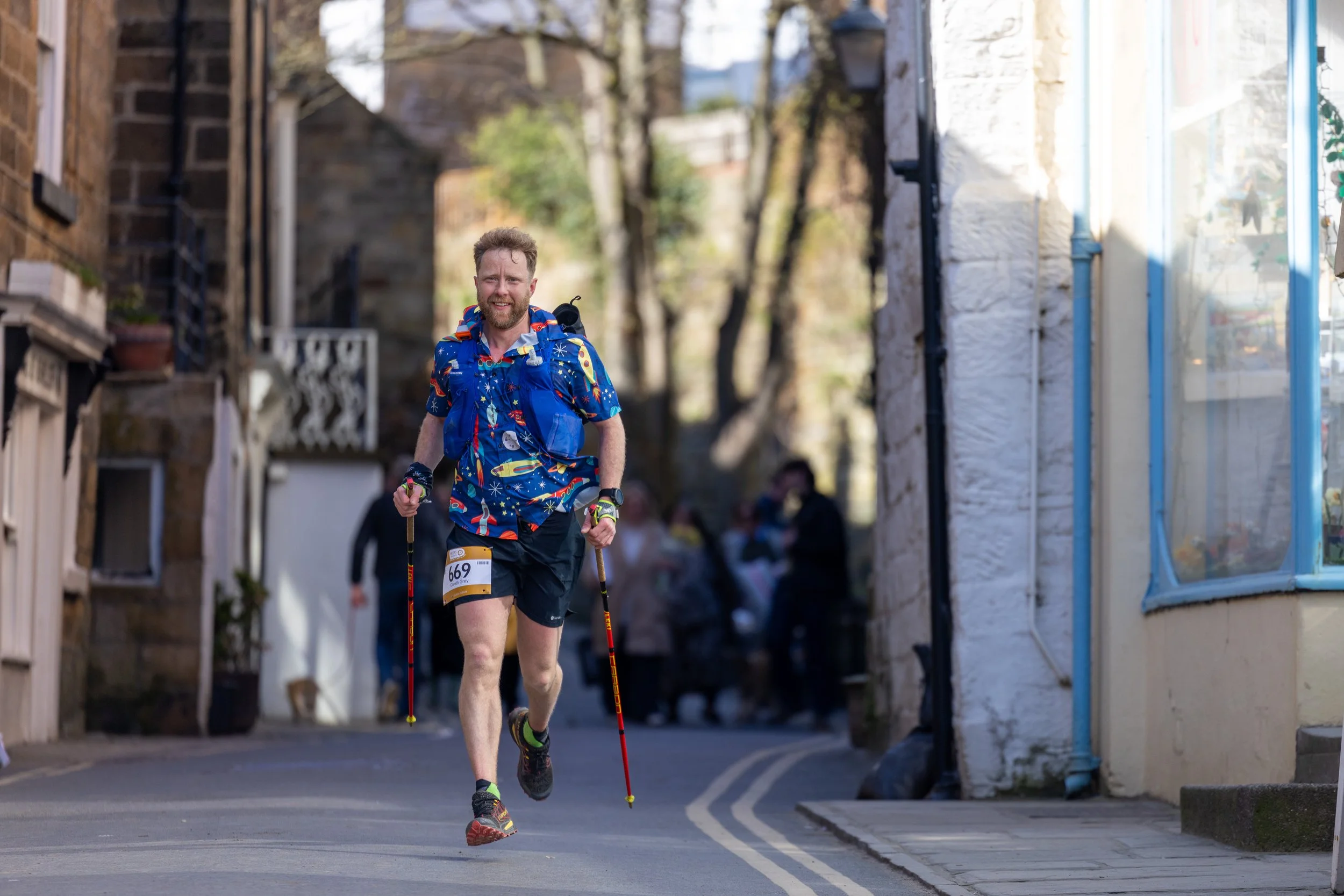 Patterned shirts matching the elation at the finish line