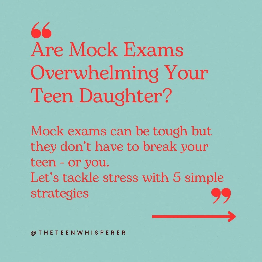 Caption:

Mock exams can be overwhelming&mdash;for both your teen and you. But with the right strategies, you can help her stay calm, focused, and resilient. 💪

From movement breaks to meaningful goals, these tips are designed to support her mental 