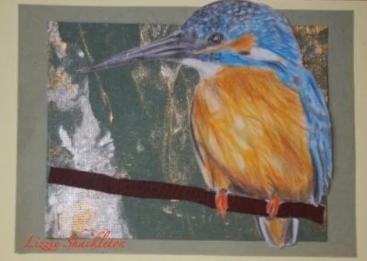 'Kingfisher'  Pencil & art papers 2008.  Gifted as a card.