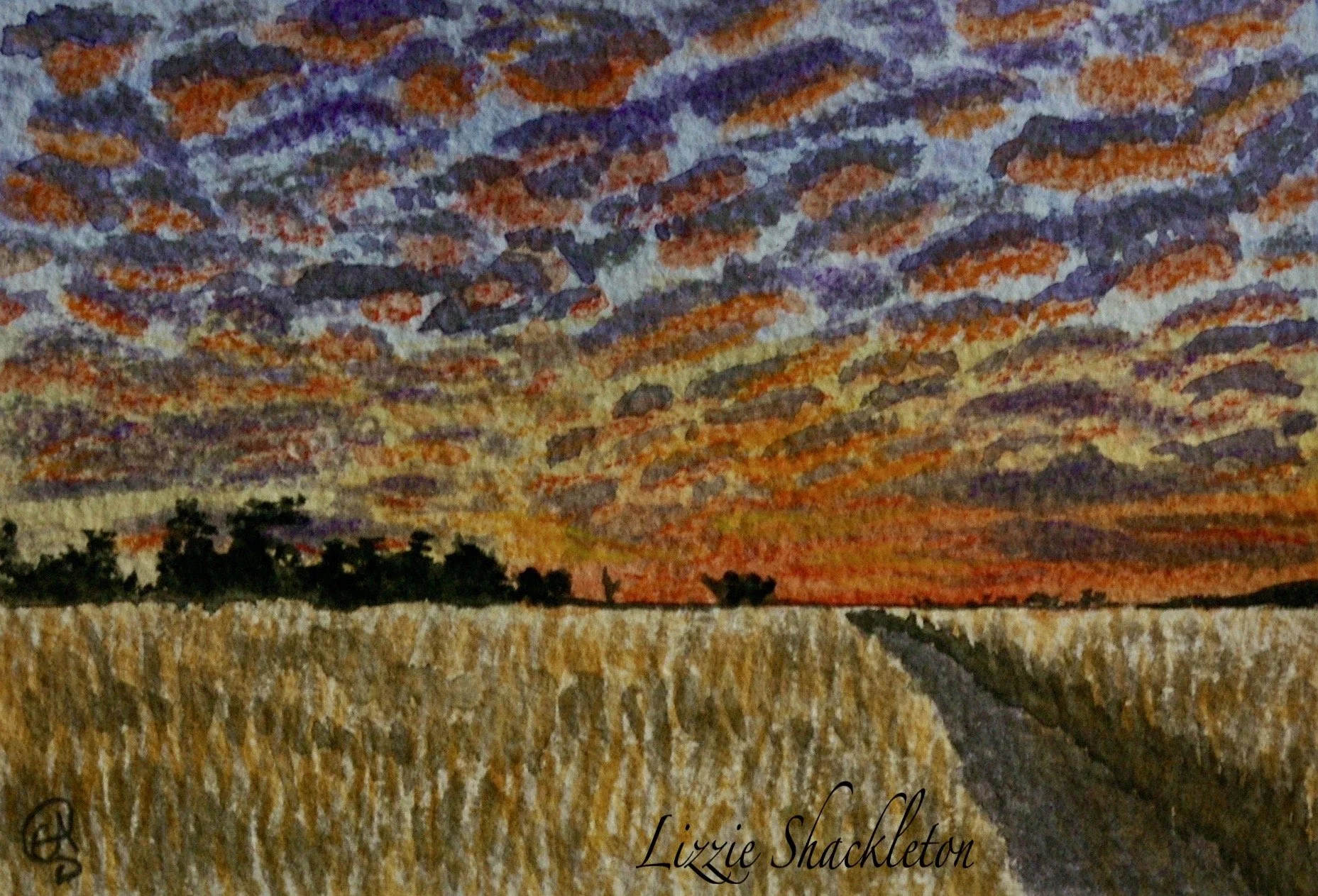 Sunset over Wash Common Farmland'  Watercolour & pastel 2024. Gifted as a card.