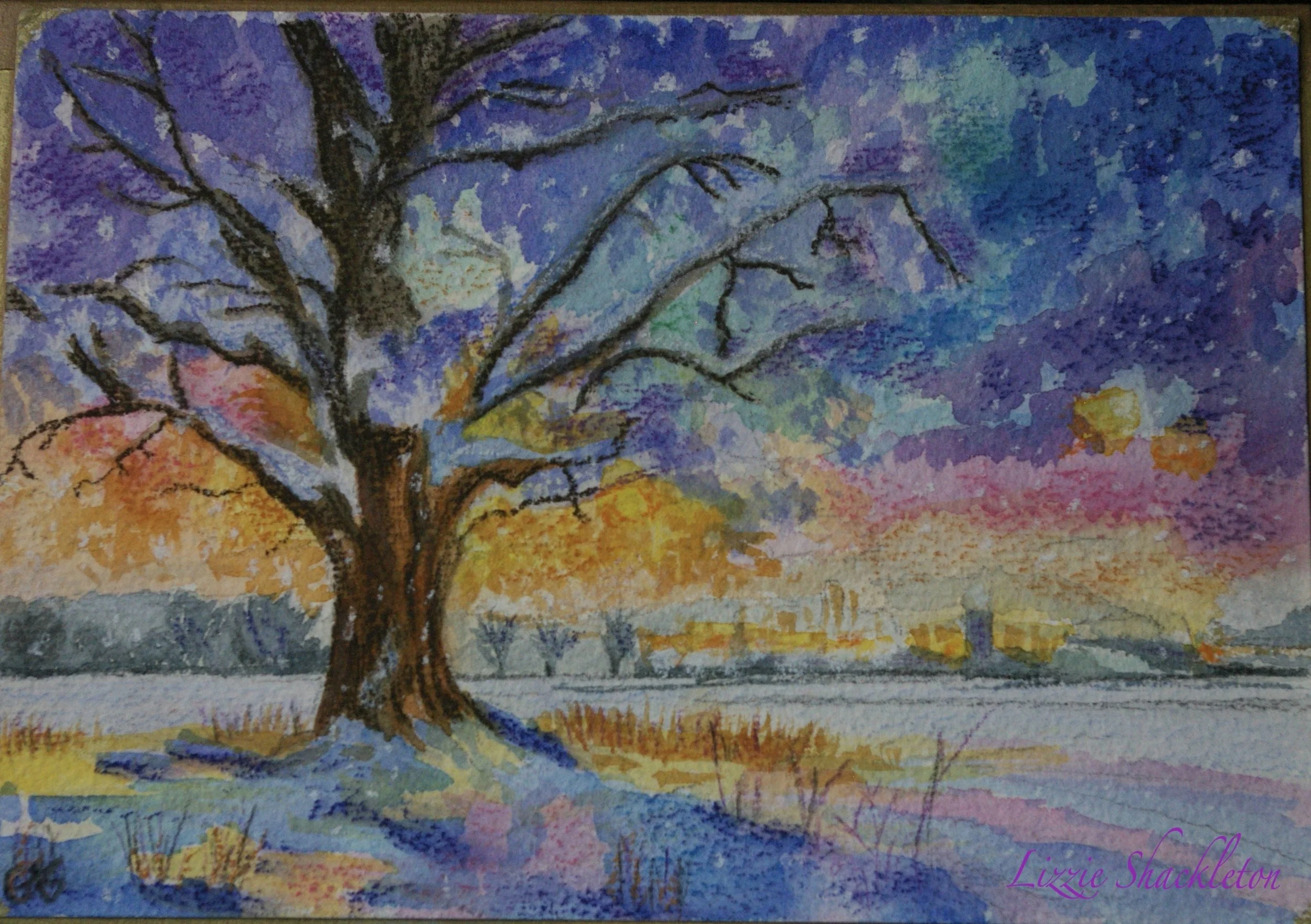 'A Wintry Scene' Watercolour, pastel & pencil 2025.  Gifted as a card.