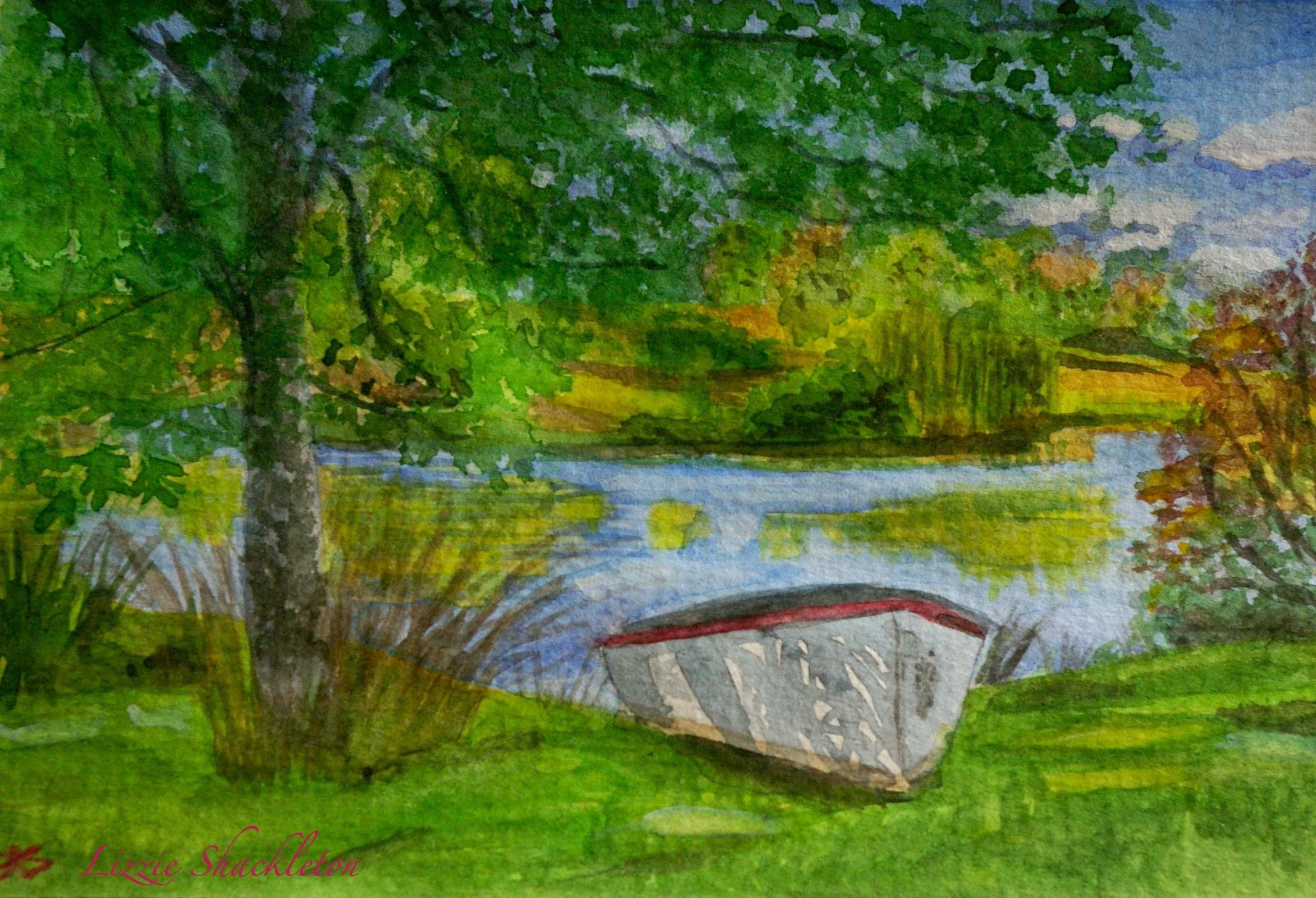 'Le Bateau à côte du Lac' Watercolour & pastel 2023.  Gifted as a card.