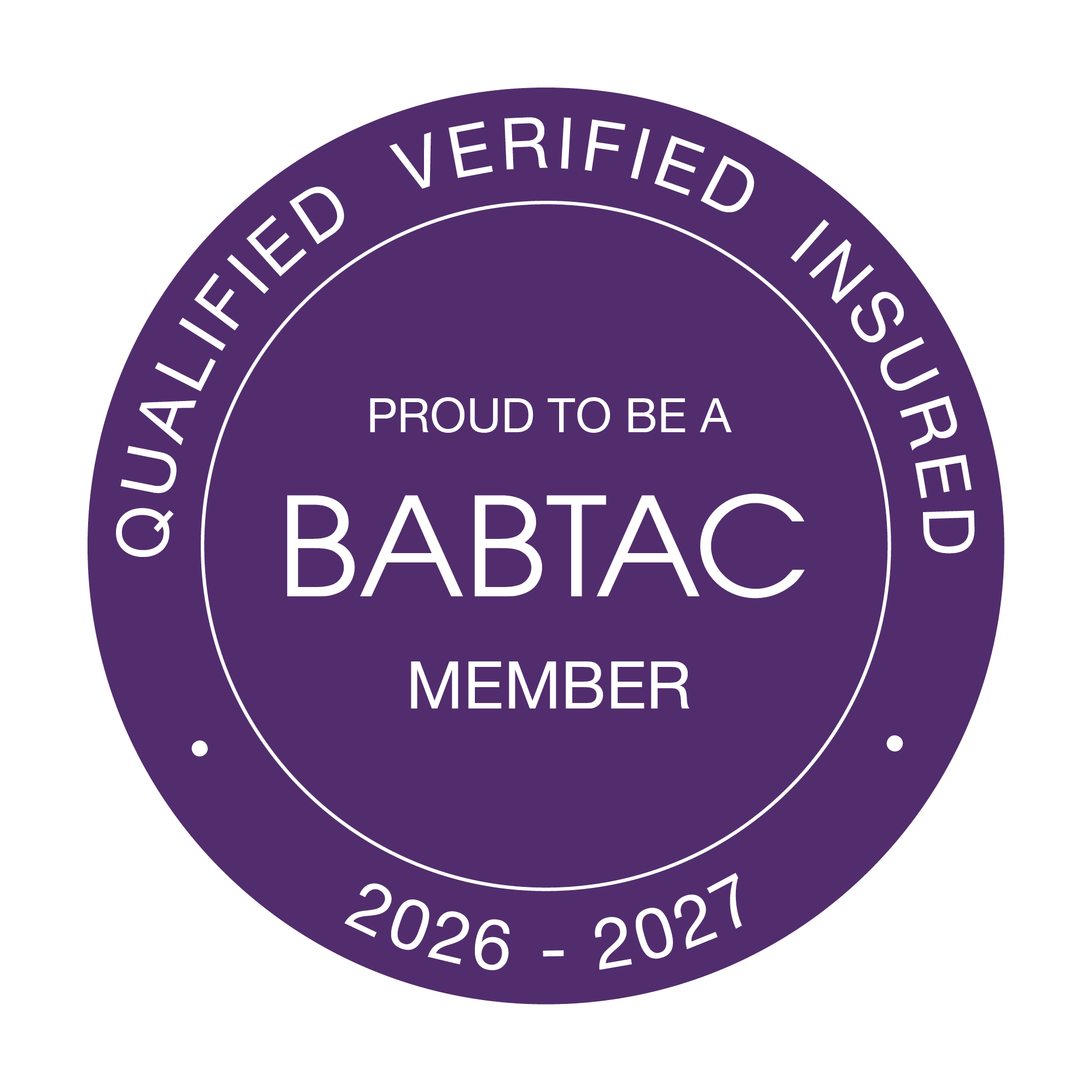 BABTAC Membership badge. Purple circle with writing within "Qualified, verified, insured. Proud to be a BABTAC member. 2026-2027"