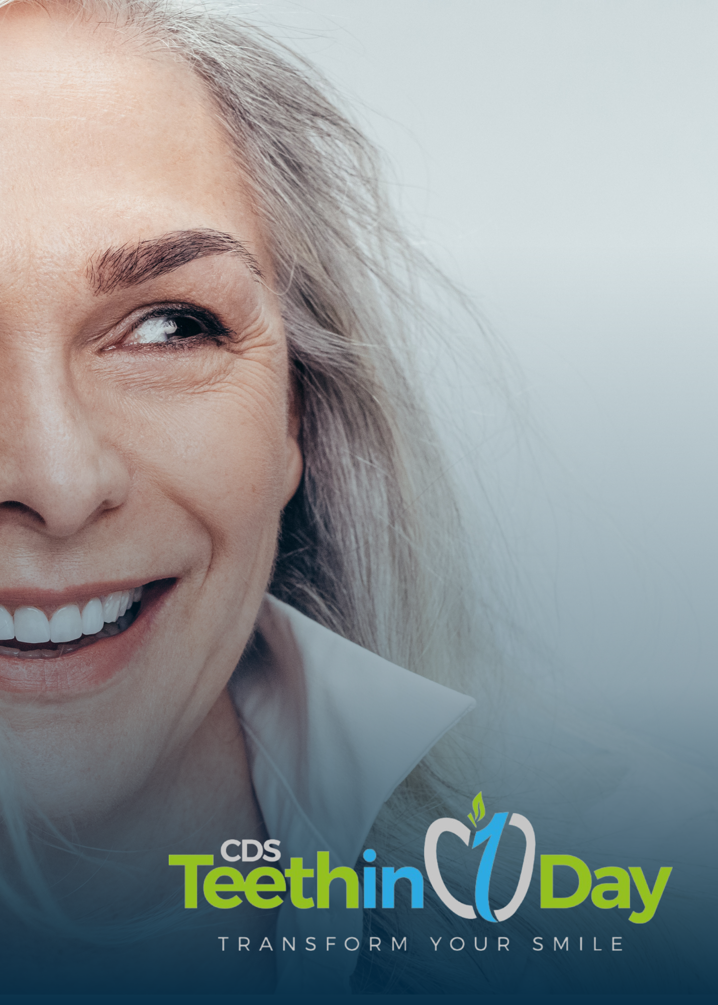 Close-up of a smiling middle-aged woman with gray hair, showing her teeth, promoting National Tooth in Day. The colorful logo and text on the image say 'CDS Teeth in 10 Day Transform Your Smile.'