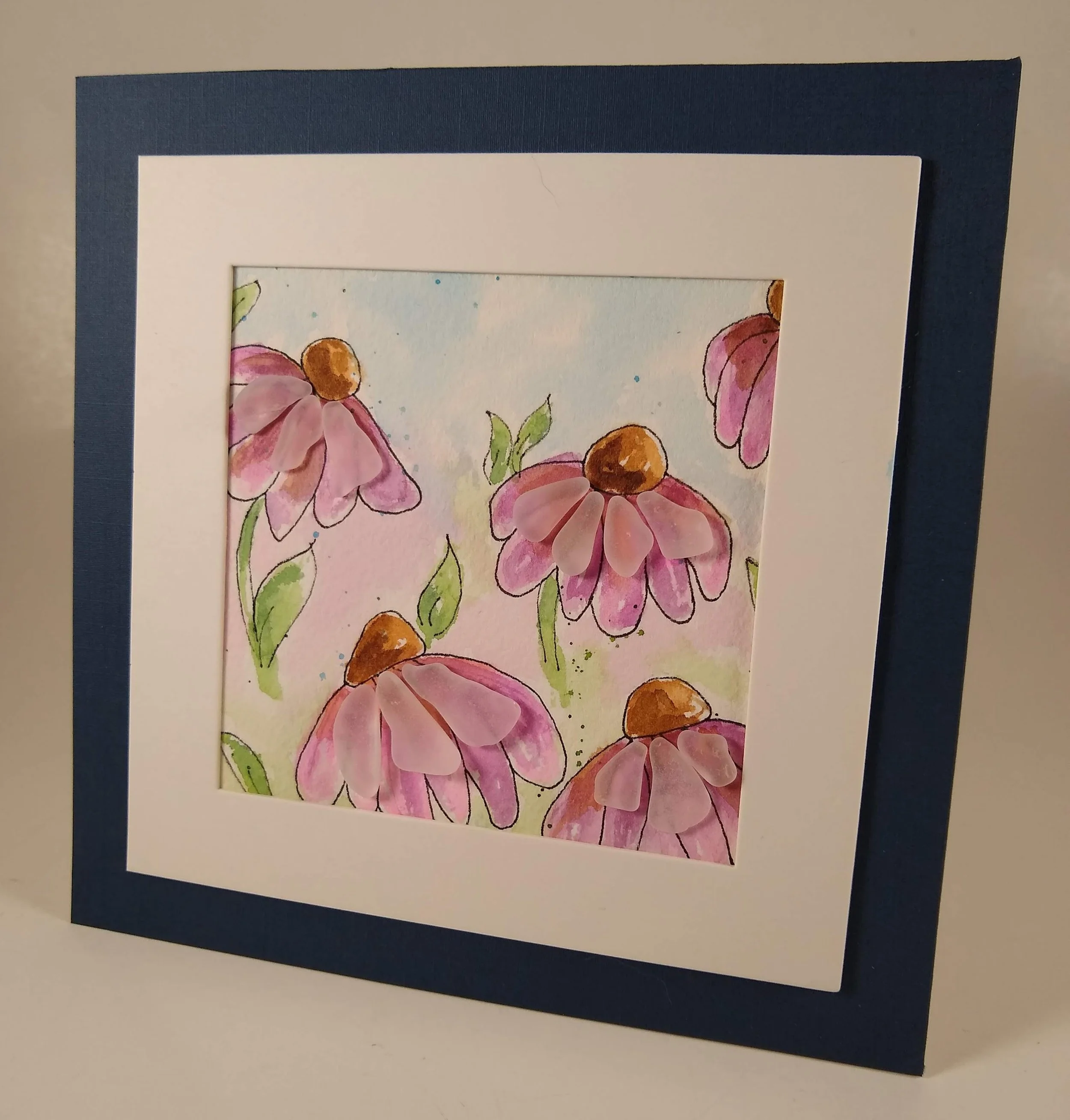 watercolor coneflowers with Finger Lakes beach glass
