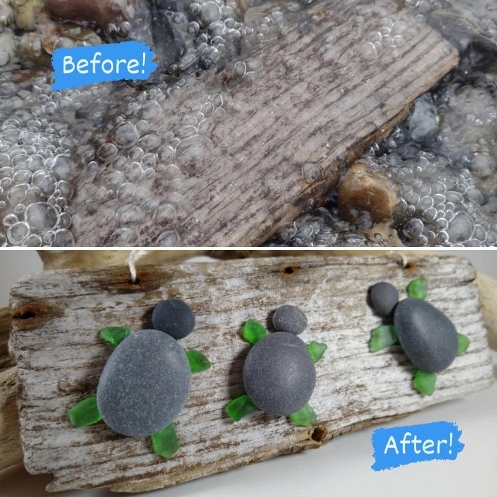 This gorgeous plank with old nail holes was found in the swirling lake water and then turned into a gorgeous turtle artwork.