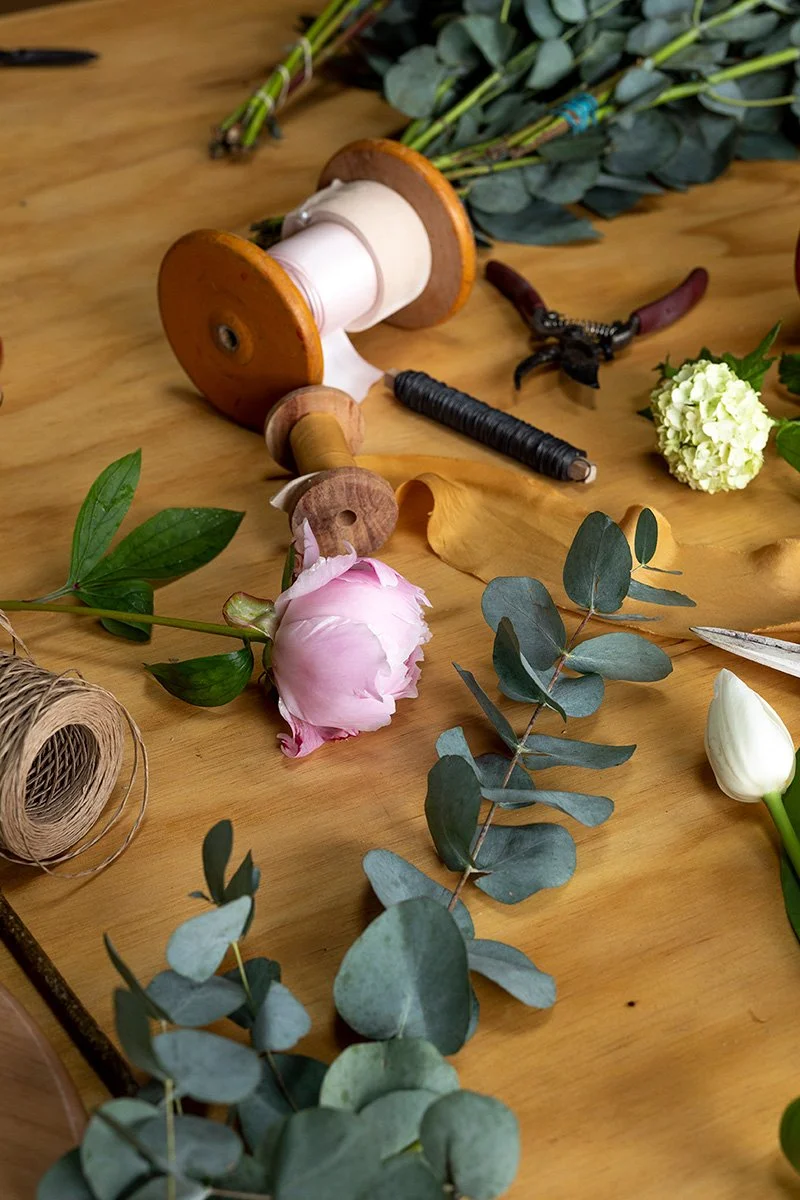 floristry cuttings and stems from wreath making workshop