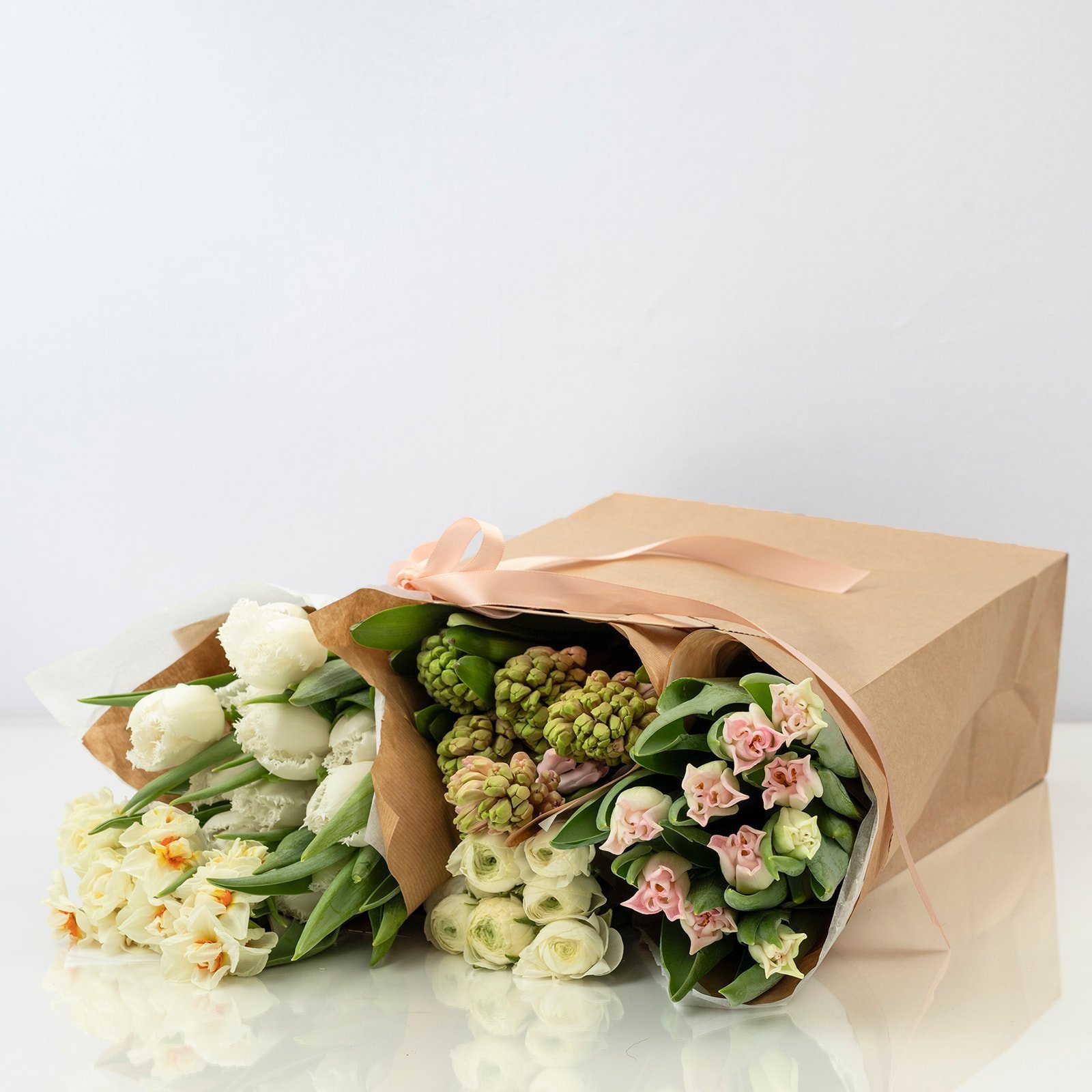 flower bouquet with Tulips, Hyacinths, Paper whites and Ranunculus