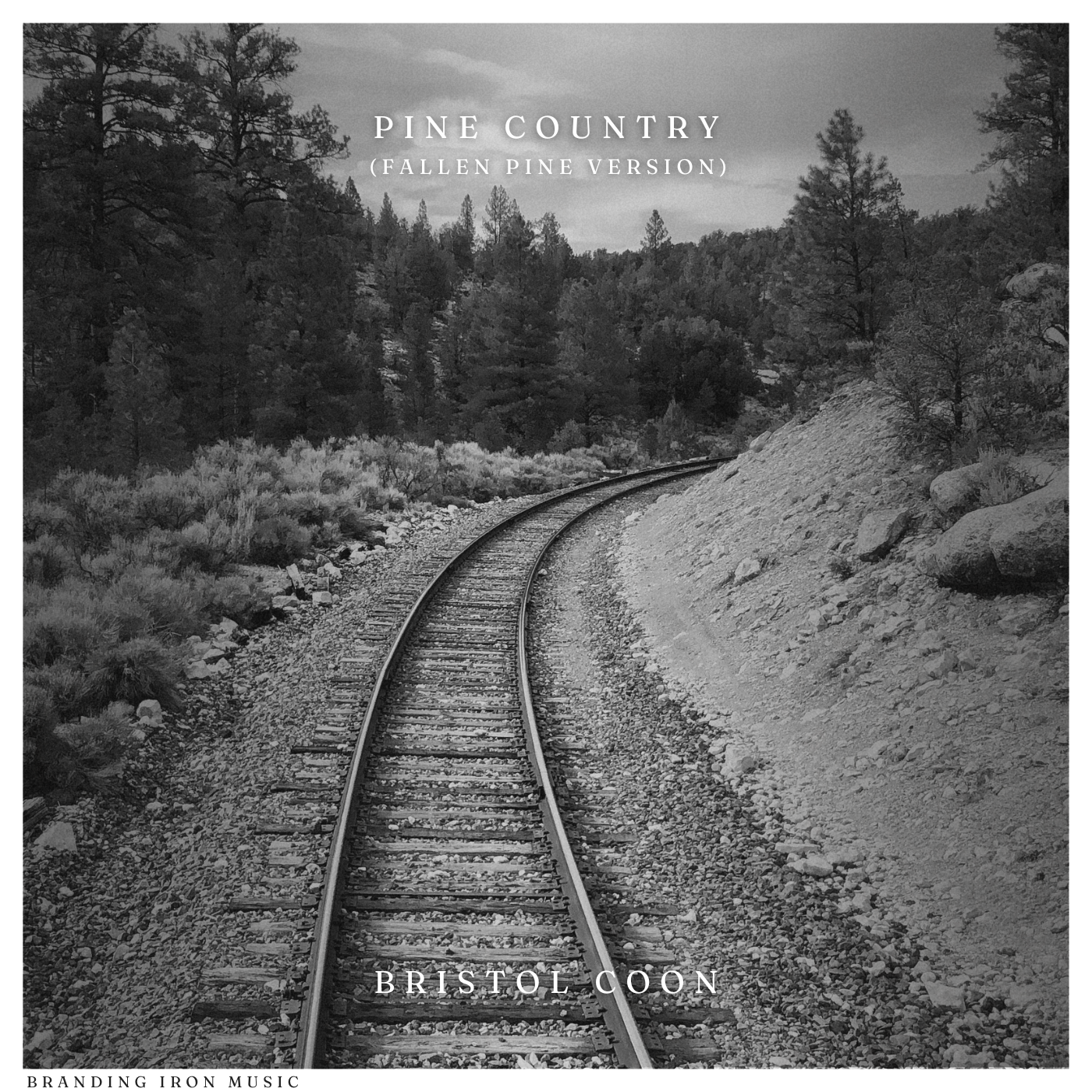 Black and white image of railroad tracks surrounded by pine trees used as an album cover.