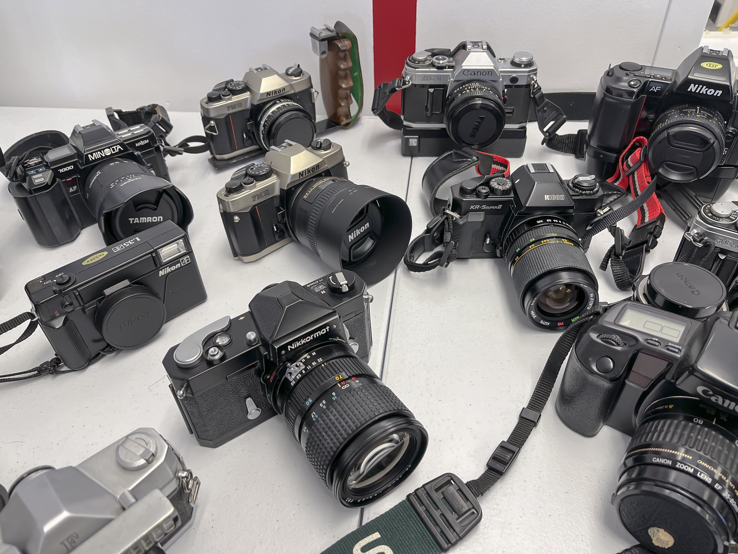 Multiple vintage and modern film and digital cameras arranged on a table, including brands like Nikon, Canon, Ricoh, and Minolta.