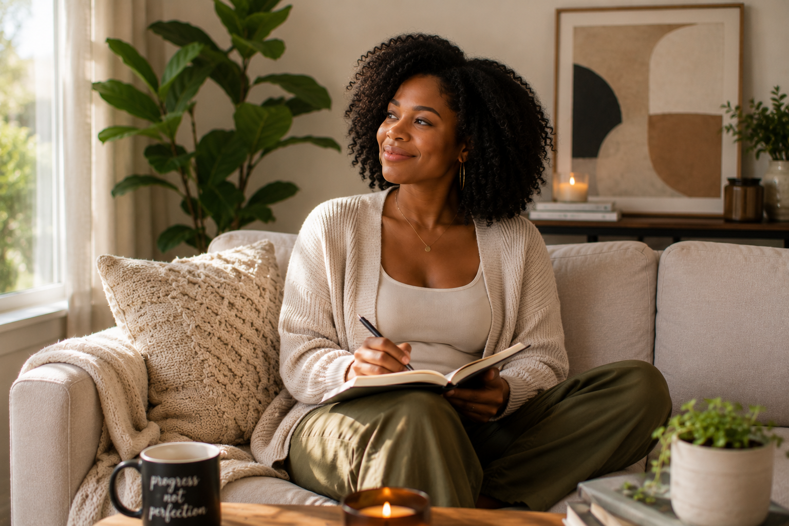 Black woman journaling peacefully at home, making space for rest and healing from burnout and chronic stress.