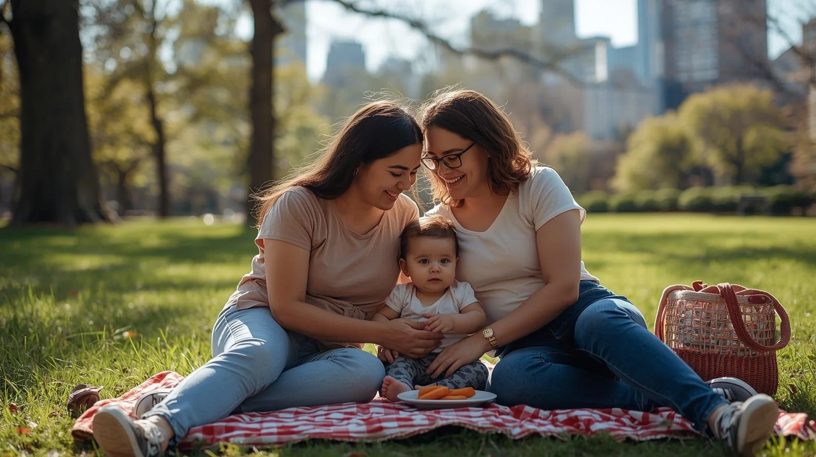 Two queer women in the park with their baby, representing postpartum therapy support in Illinois