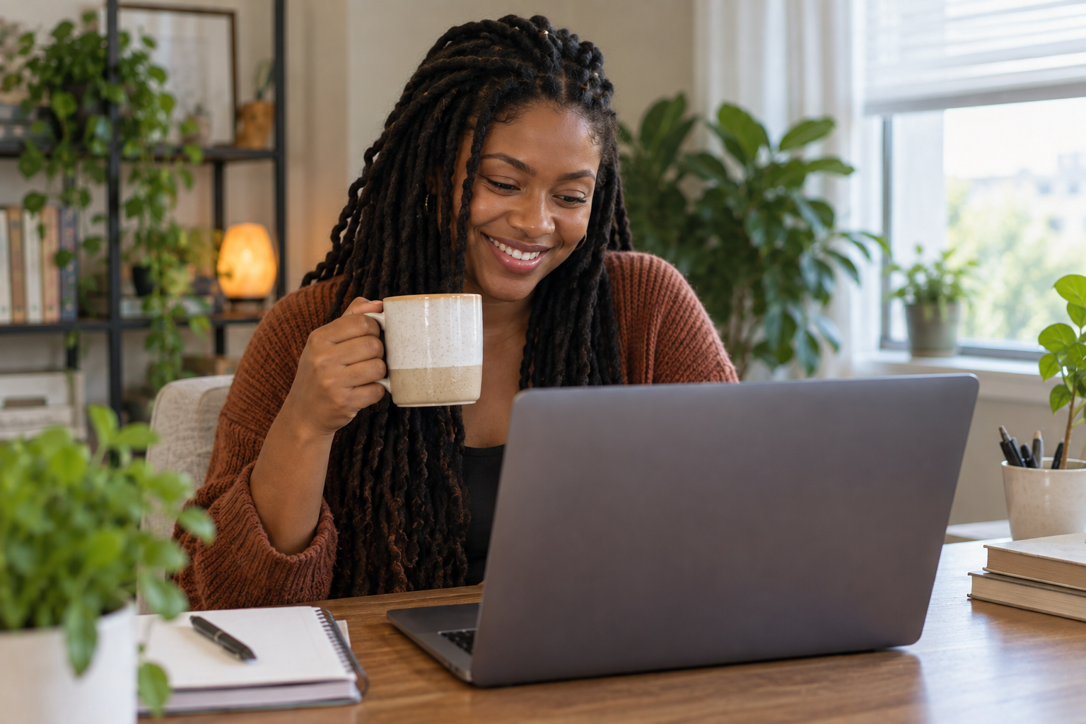 Black woman with locs smiling during online therapy from her home in Chicago, Illinois, while holding a coffee mug and looking at her laptop.