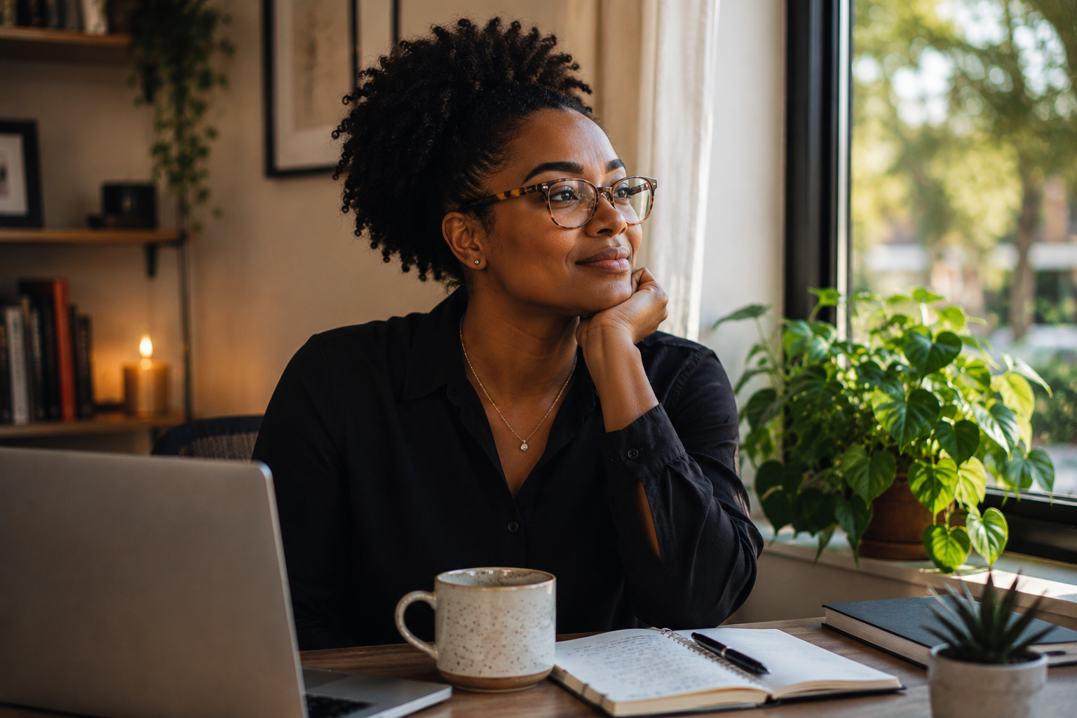 Black woman with glasses sitting at her desk and looking thoughtfully out the window, taking a quiet moment to pause and recharge in Chicago, Illinois