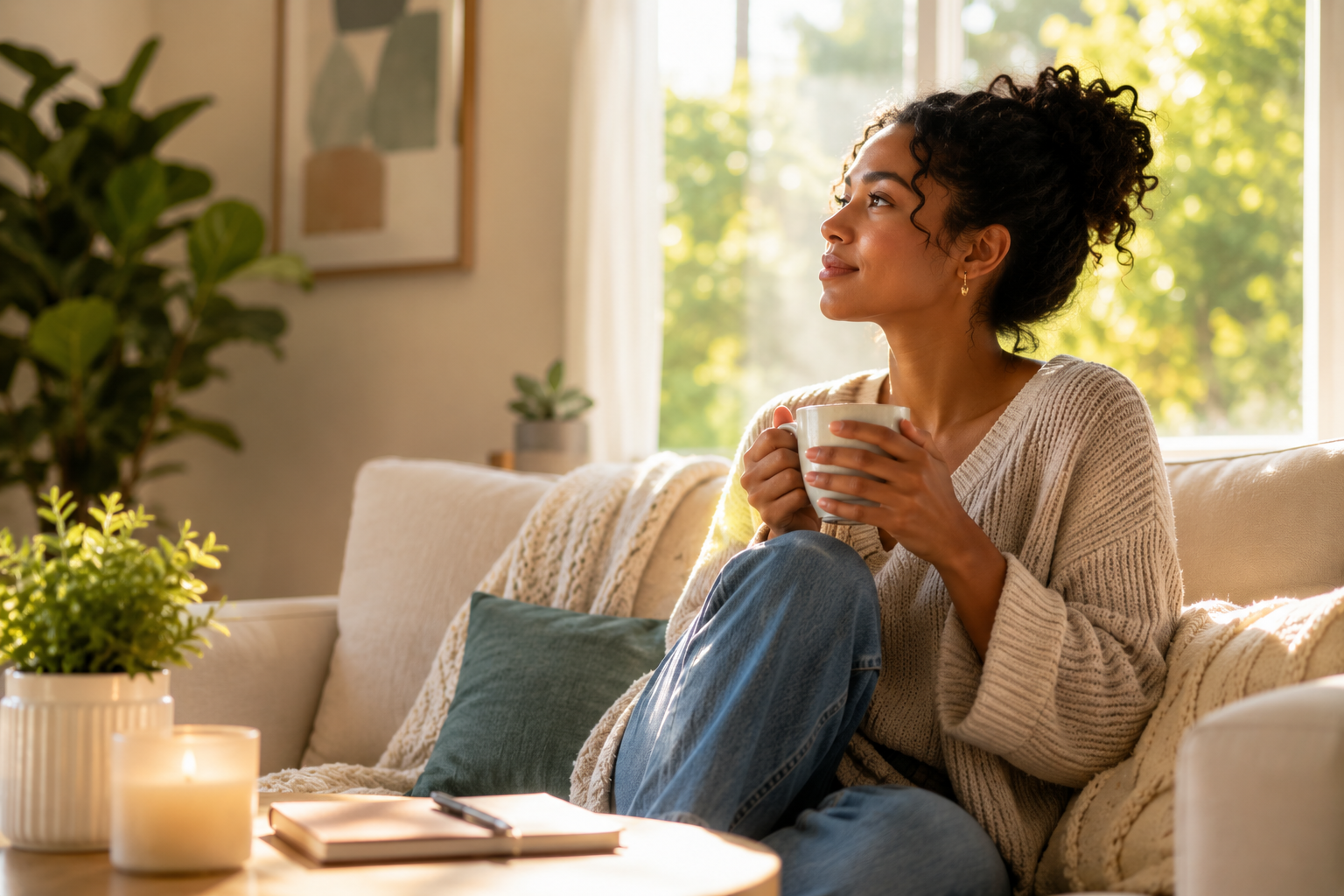 Woman sitting on her couch in a serene moment with a warm drink after therapy for difficult family relationships in Illiinois