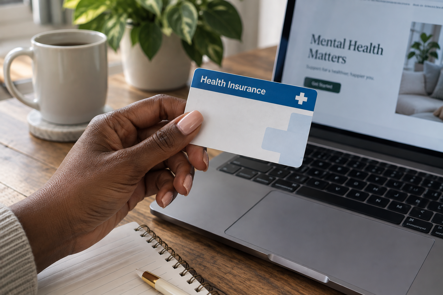 Black woman holding a health insurance card near a laptop while exploring out-of-network therapy benefits and insurance coverage.