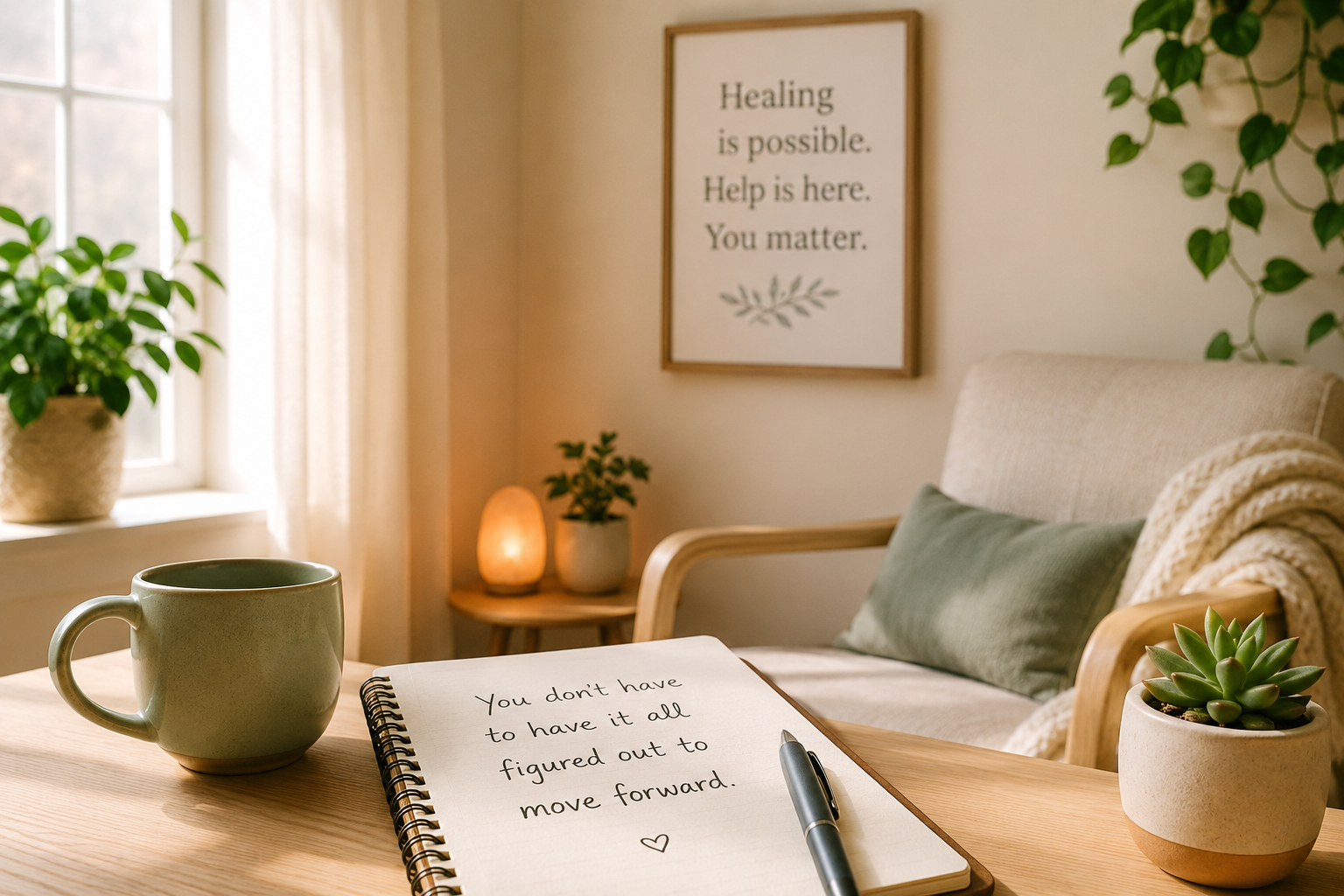 Warm cup of tea and journal in a cozy home setting, representing self-reflection, healing from chronic guilt, anxiety, and people-pleasing through online therapy in Illinois.
