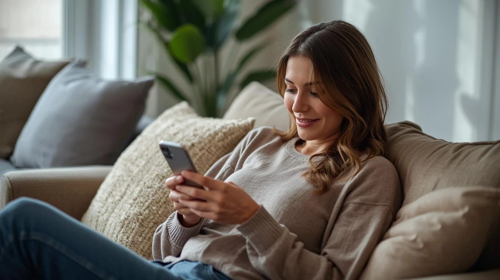 Woman sitting on couch browsing her phone looking for a therapist who accepts insurance in Chicago