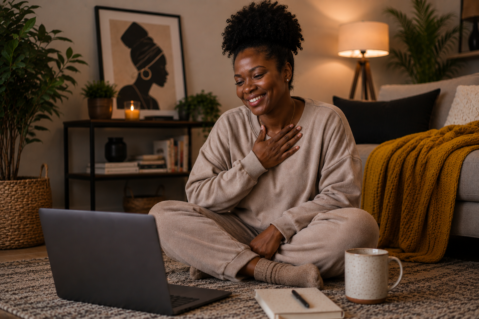 Black mother smiling during an online therapy session from home, receiving support for overwhelm, mom burnout, anxiety, and emotional well-being in a warm and comfortable Illinois home