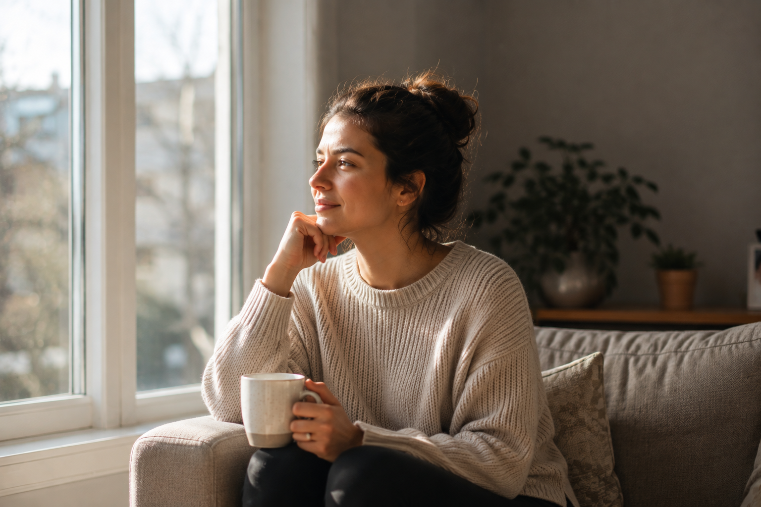 Neurodivergent woman relaxing by a window at home, reflecting growing self-understanding and acceptance after years of masking.