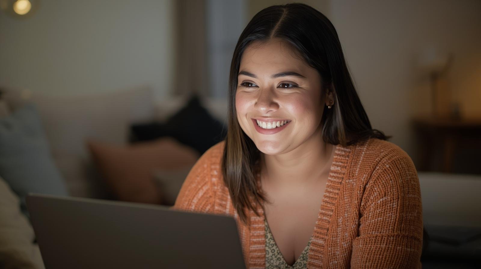 Hispanic woman smiling during virtual therapy in Chicago, Illinois