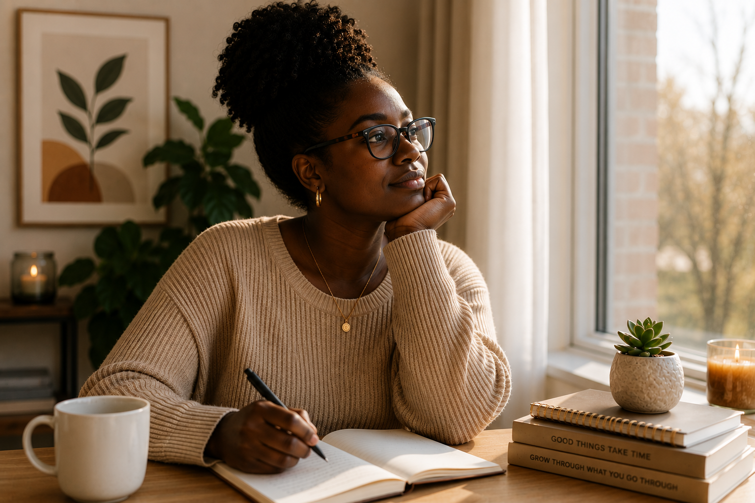 Black woman wearing glasses sitting at a desk by a sunny window, thoughtfully journaling in a calm home workspace.